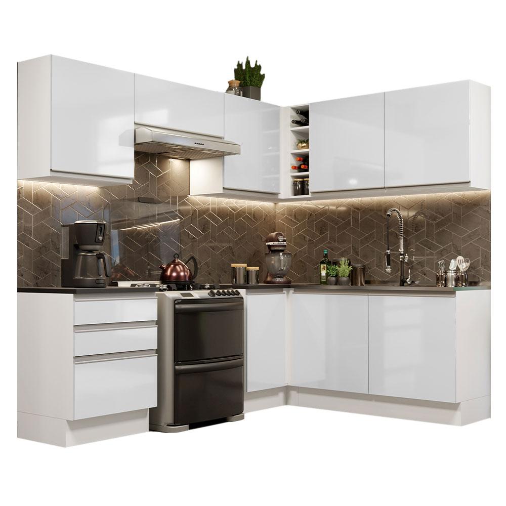 Cozinha Completa de Canto 100% MDF Madesa Acordes 409001 Armário e Balcão - Frentes Branco Brilho