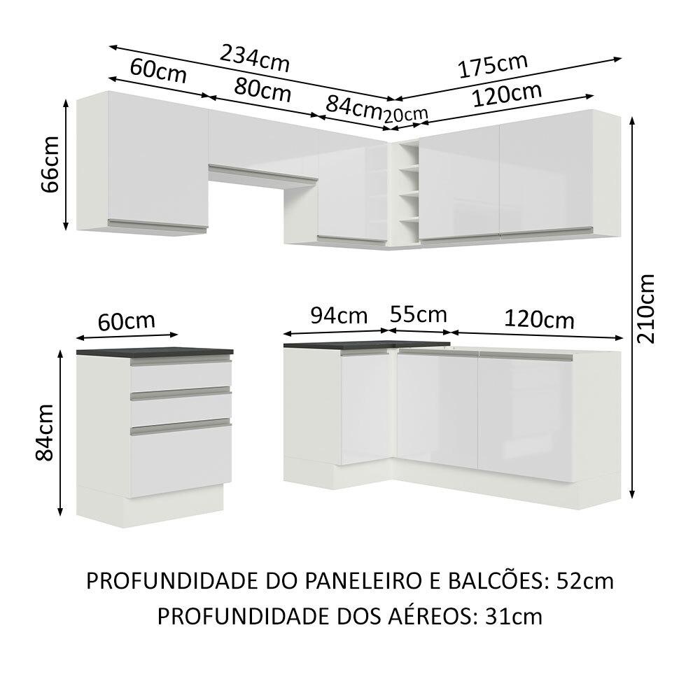 Cozinha Completa de Canto 100% MDF Madesa Acordes 409001 Armário e Balcão - Frentes Branco Brilho