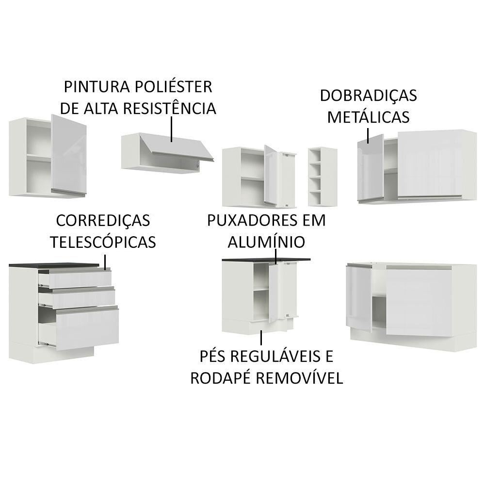Cozinha Completa de Canto 100% MDF Madesa Acordes 409001 Armário e Balcão - Frentes Branco Brilho