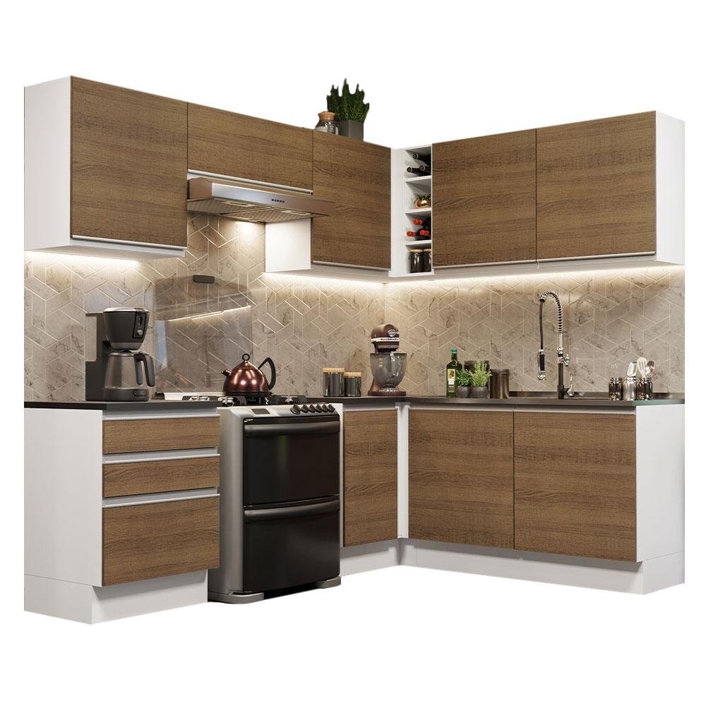 Cozinha Completa de Canto 100% MDF Madesa Acordes 409001 com Armário e Balcão - Branco/Rustic