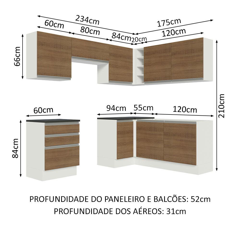 Cozinha Completa de Canto 100% MDF Madesa Acordes 409001 com Armário e Balcão - Branco/Rustic