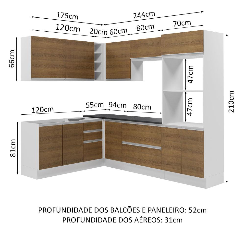 Cozinha Completa de Canto 100% MDF Madesa Acordes 419003 com Armário e Balcão - Branco/Rustic