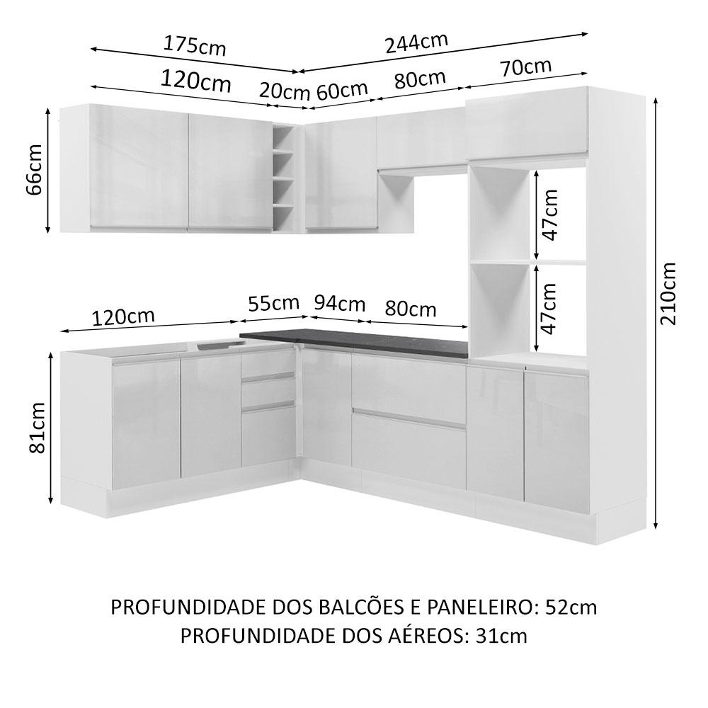 Cozinha Completa de Canto 100% MDF Madesa Acordes 419003 com Armário e Balcão - Frente Branco Brilho