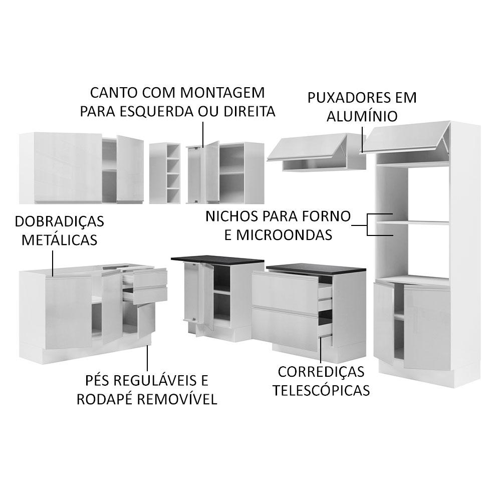 Cozinha Completa de Canto 100% MDF Madesa Acordes 419003 com Armário e Balcão - Frente Branco Brilho