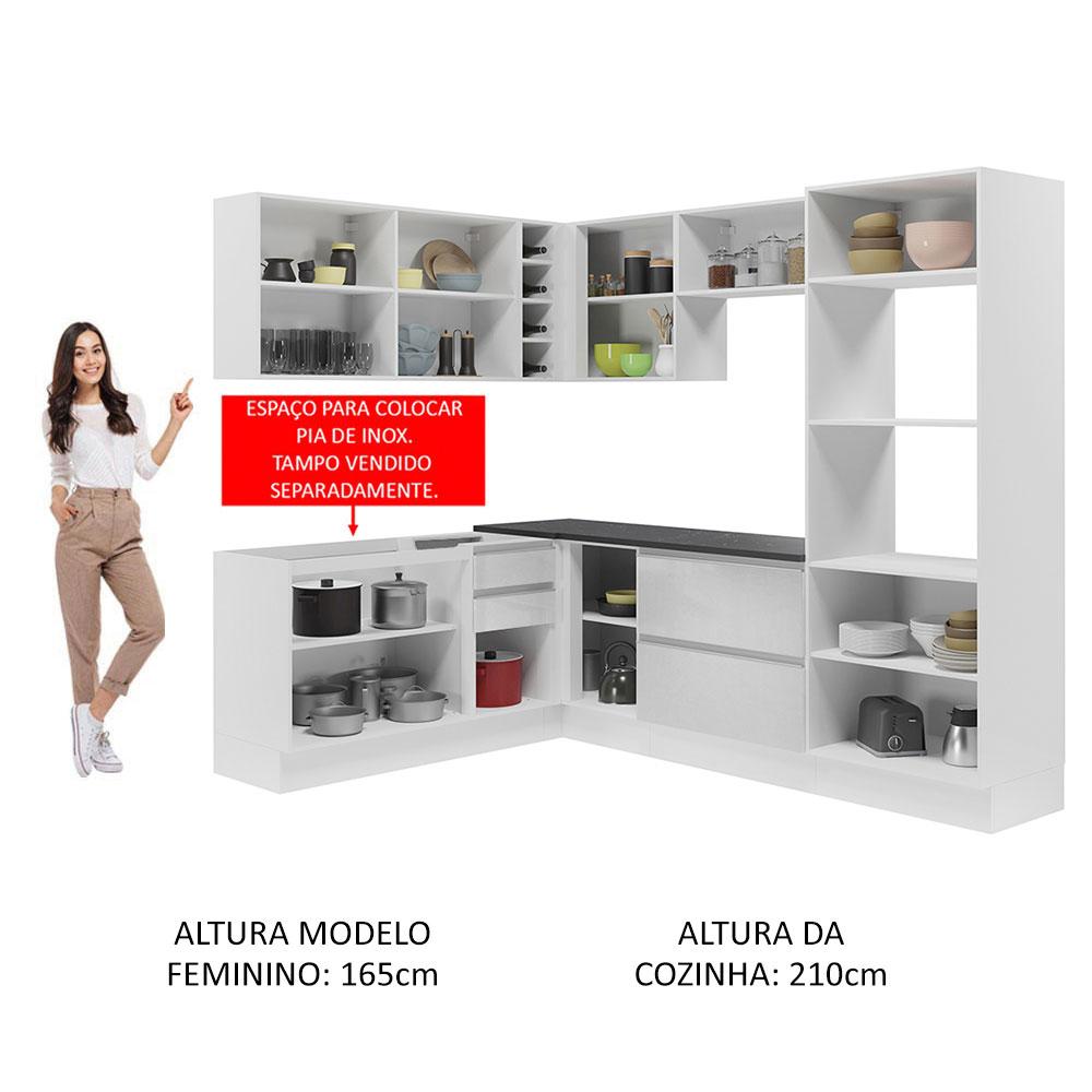 Cozinha Completa de Canto 100% MDF Madesa Acordes 419003 com Armário e Balcão - Frente Branco Brilho