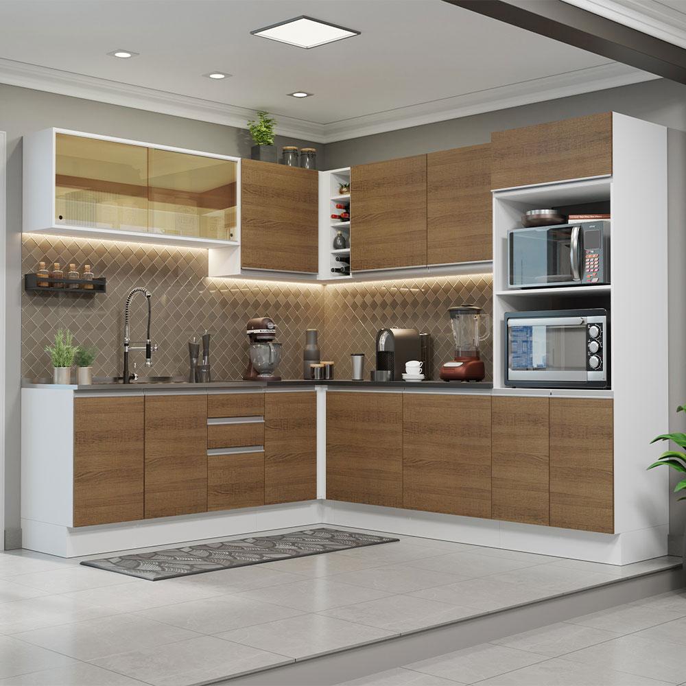 Cozinha Completa de Canto 100% MDF Madesa Acordes 459001 com Armário e Balcão - Branco/Rustic