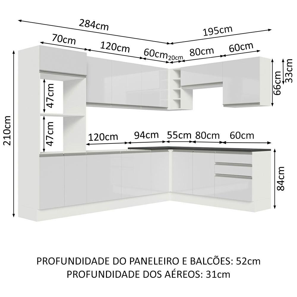 Cozinha Completa de Canto 100% MDF Madesa Acordes 479003 Armário e Balcão - Frentes Branco Brilho