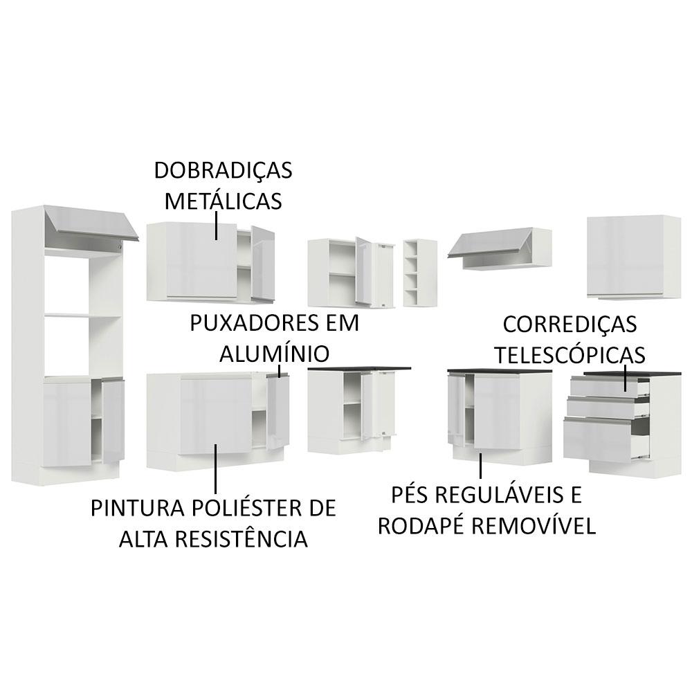 Cozinha Completa de Canto 100% MDF Madesa Acordes 479003 Armário e Balcão - Frentes Branco Brilho