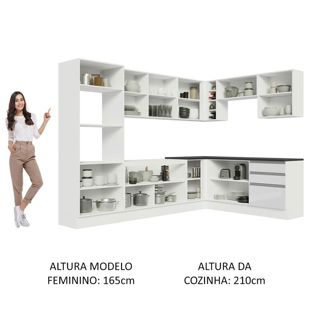 Cozinha Completa de Canto 100% MDF Madesa Acordes 479003 Armário e Balcão - Frentes Branco Brilho