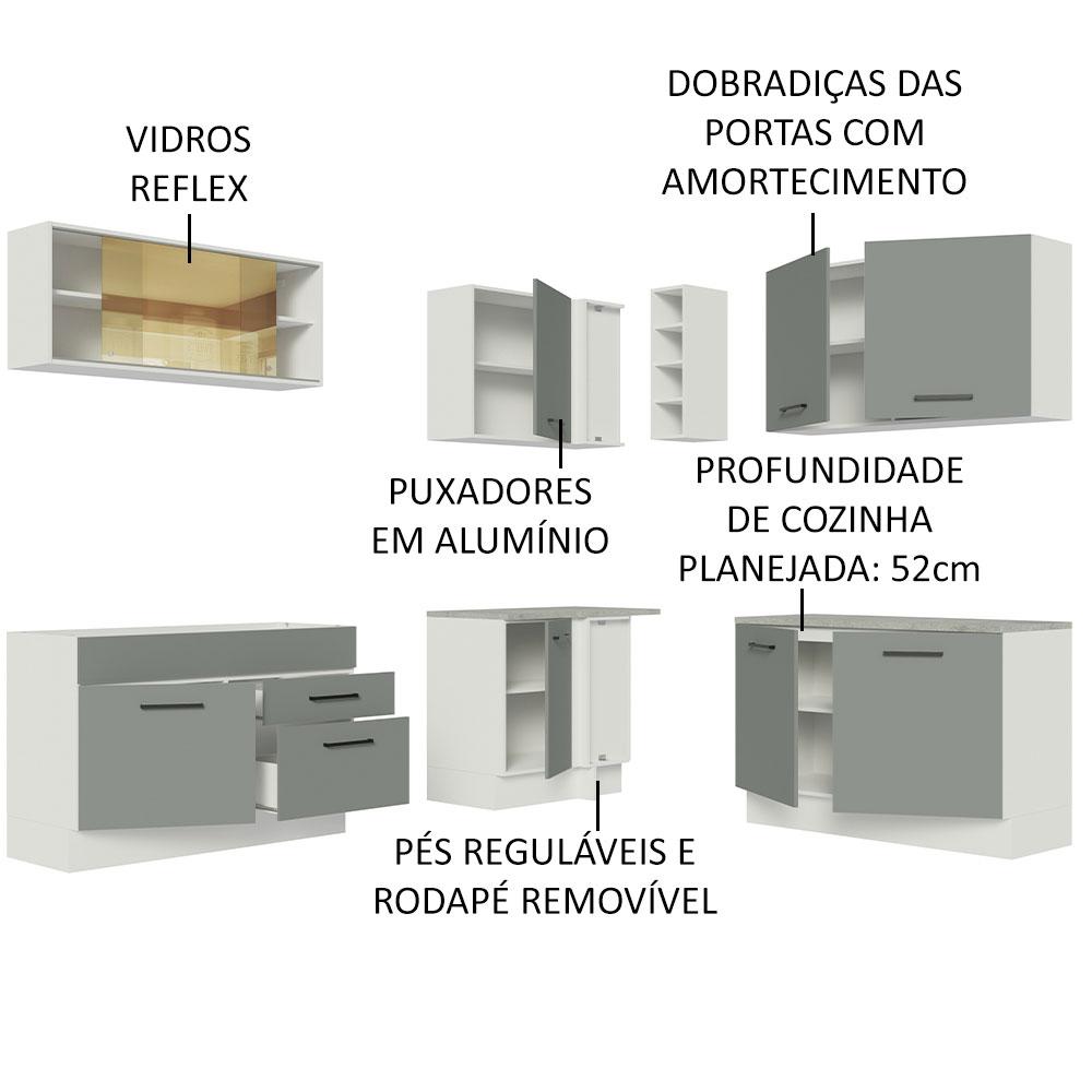 Cozinha Completa de Canto Madesa Agata 389001 com Armário e Balcão (Sem Tampo e Pia) - Branco/Cinza