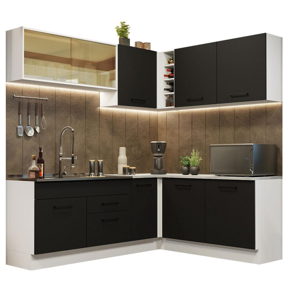 Cozinha Completa de Canto Madesa Agata 389001 com Armário e Balcão (Sem Tampo e Pia) - Branco/Preto