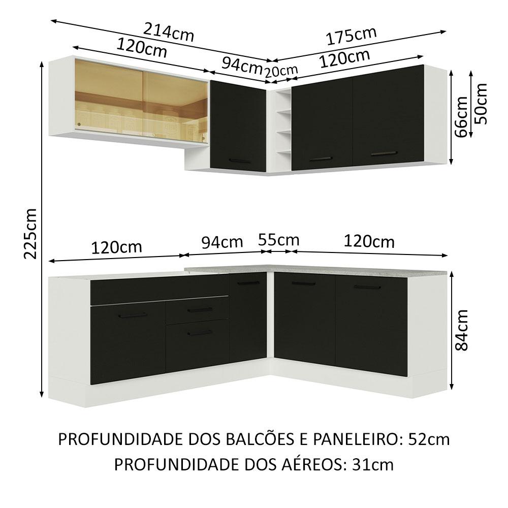 Cozinha Completa de Canto Madesa Agata 389001 com Armário e Balcão (Sem Tampo e Pia) - Branco/Preto