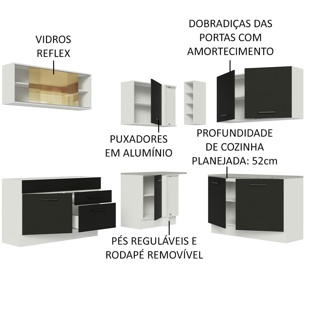 Cozinha Completa de Canto Madesa Agata 389001 com Armário e Balcão (Sem Tampo e Pia) - Branco/Preto
