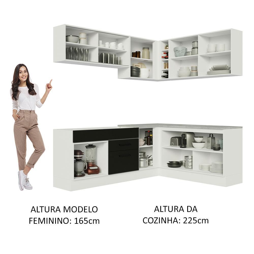 Cozinha Completa de Canto Madesa Agata 389001 com Armário e Balcão (Sem Tampo e Pia) - Branco/Preto