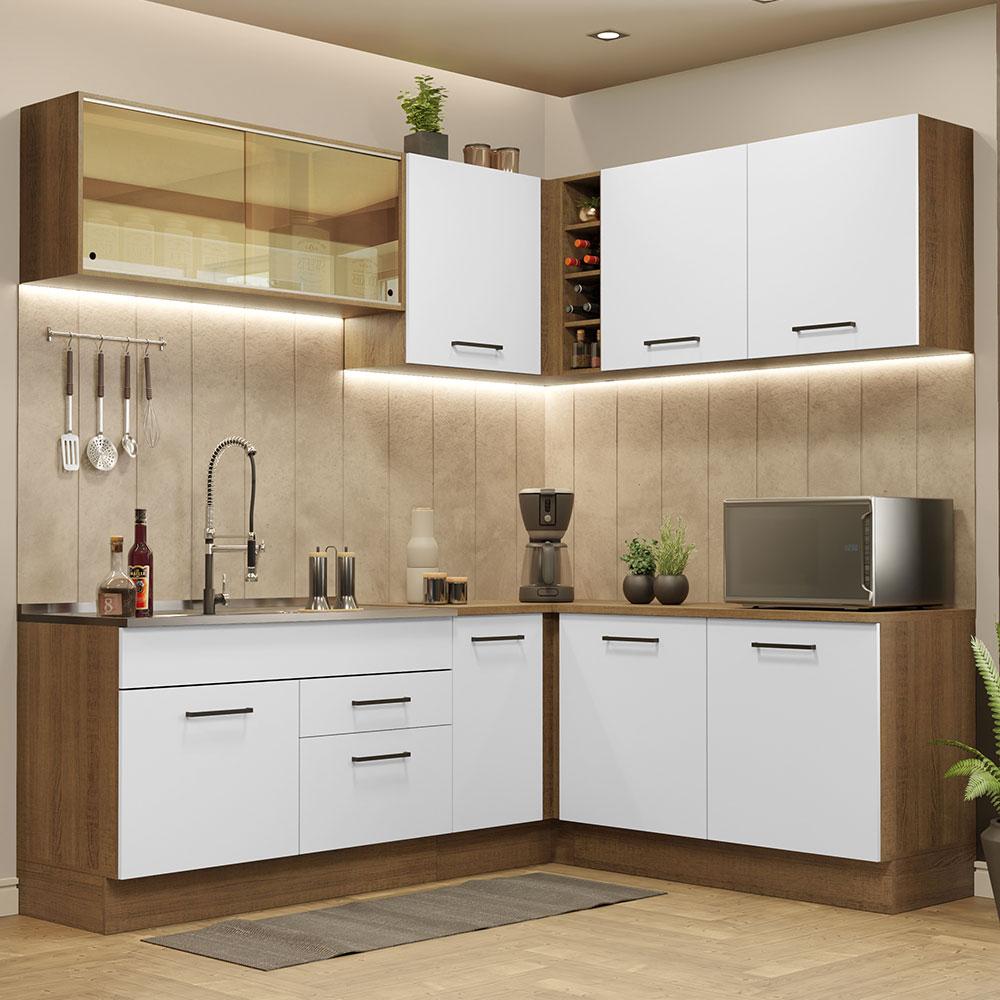 Cozinha Completa de Canto Madesa Agata 389001 com Armário e Balcão (Sem Tampo e Pia) - Rustic/Branco
