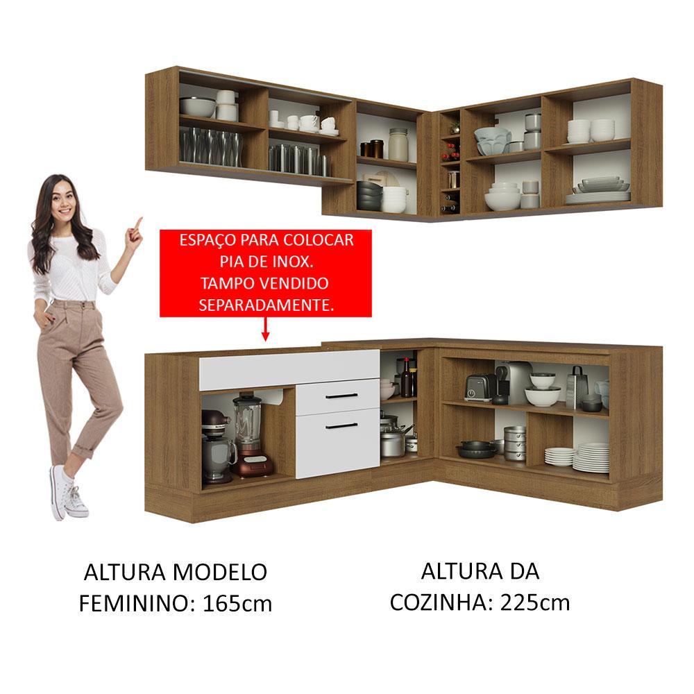 Cozinha Completa de Canto Madesa Agata 389001 com Armário e Balcão (Sem Tampo e Pia) - Rustic/Branco