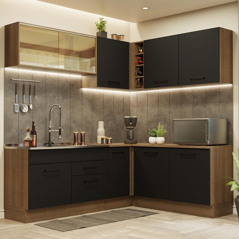 Cozinha Completa de Canto Madesa Agata 389001 com Armário e Balcão (Sem Tampo e Pia) - Rustic/Preto