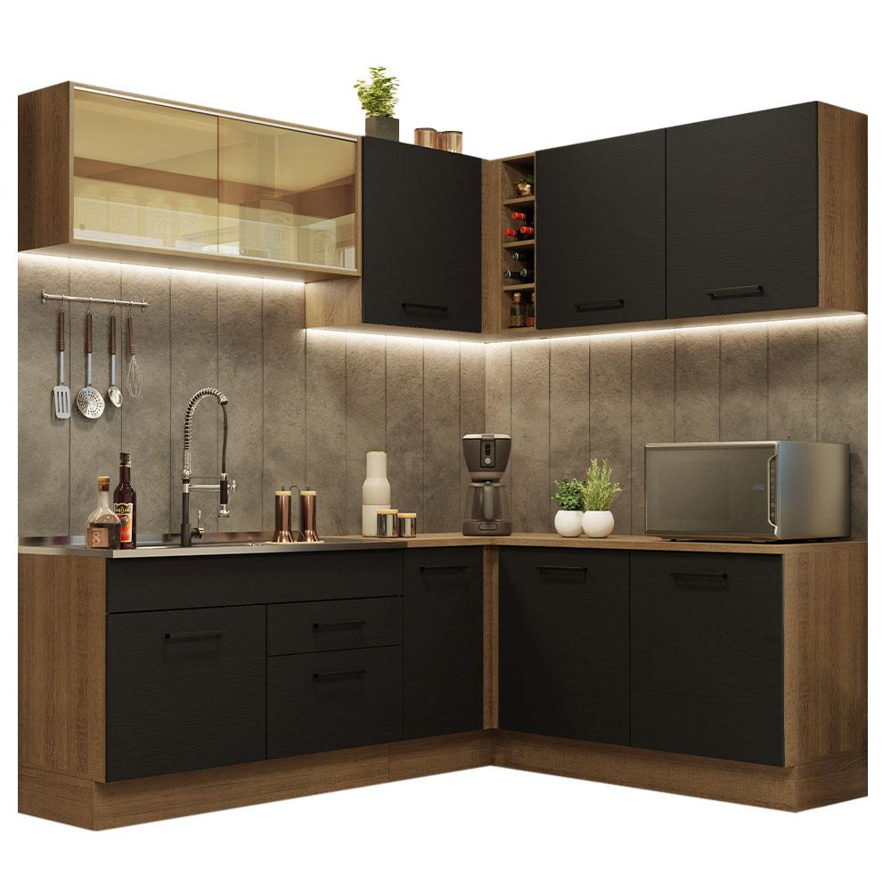 Cozinha Completa de Canto Madesa Agata 389001 com Armário e Balcão (Sem Tampo e Pia) - Rustic/Preto
