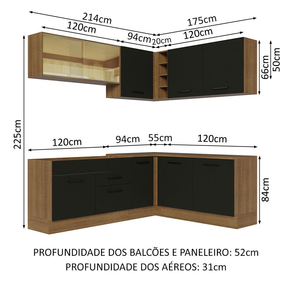 Cozinha Completa de Canto Madesa Agata 389001 com Armário e Balcão (Sem Tampo e Pia) - Rustic/Preto