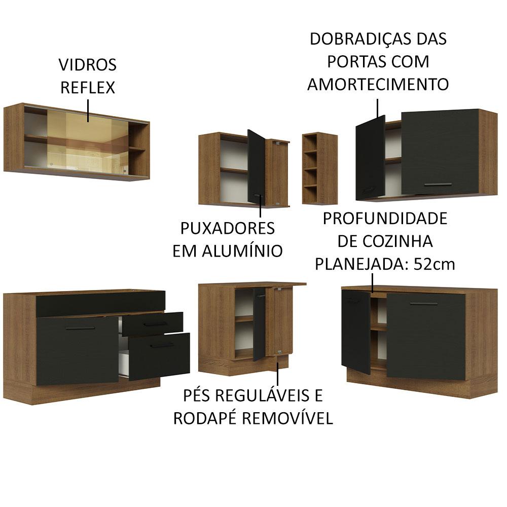 Cozinha Completa de Canto Madesa Agata 389001 com Armário e Balcão (Sem Tampo e Pia) - Rustic/Preto