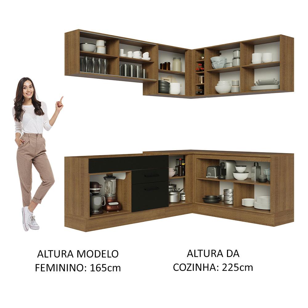 Cozinha Completa de Canto Madesa Agata 389001 com Armário e Balcão (Sem Tampo e Pia) - Rustic/Preto