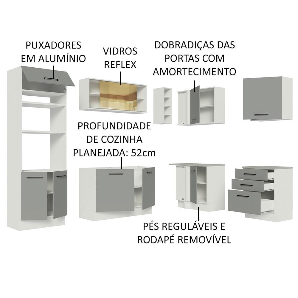 Cozinha Completa de Canto Madesa Agata 399001 com Armário e Balcão (Sem Tampo e Pia) - Branco/Cinza