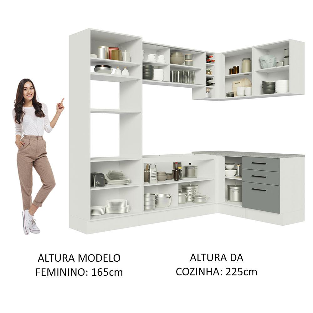 Cozinha Completa de Canto Madesa Agata 399001 com Armário e Balcão (Sem Tampo e Pia) - Branco/Cinza
