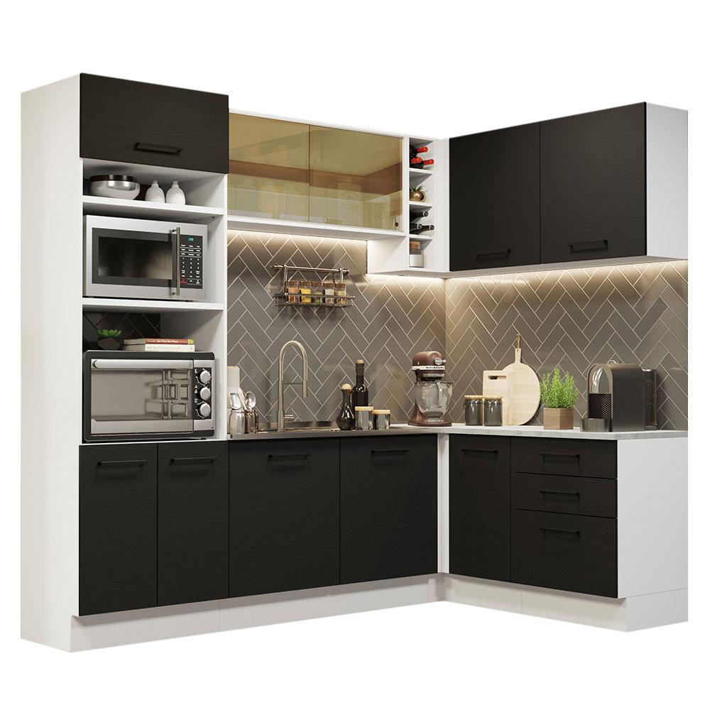 Cozinha Completa de Canto Madesa Agata 399001 com Armário e Balcão (Sem Tampo e Pia) - Branco/Preto