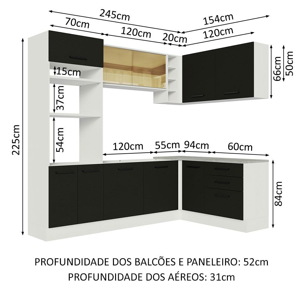 Cozinha Completa de Canto Madesa Agata 399001 com Armário e Balcão (Sem Tampo e Pia) - Branco/Preto