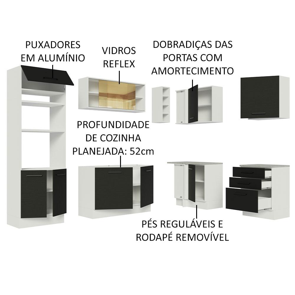 Cozinha Completa de Canto Madesa Agata 399001 com Armário e Balcão (Sem Tampo e Pia) - Branco/Preto