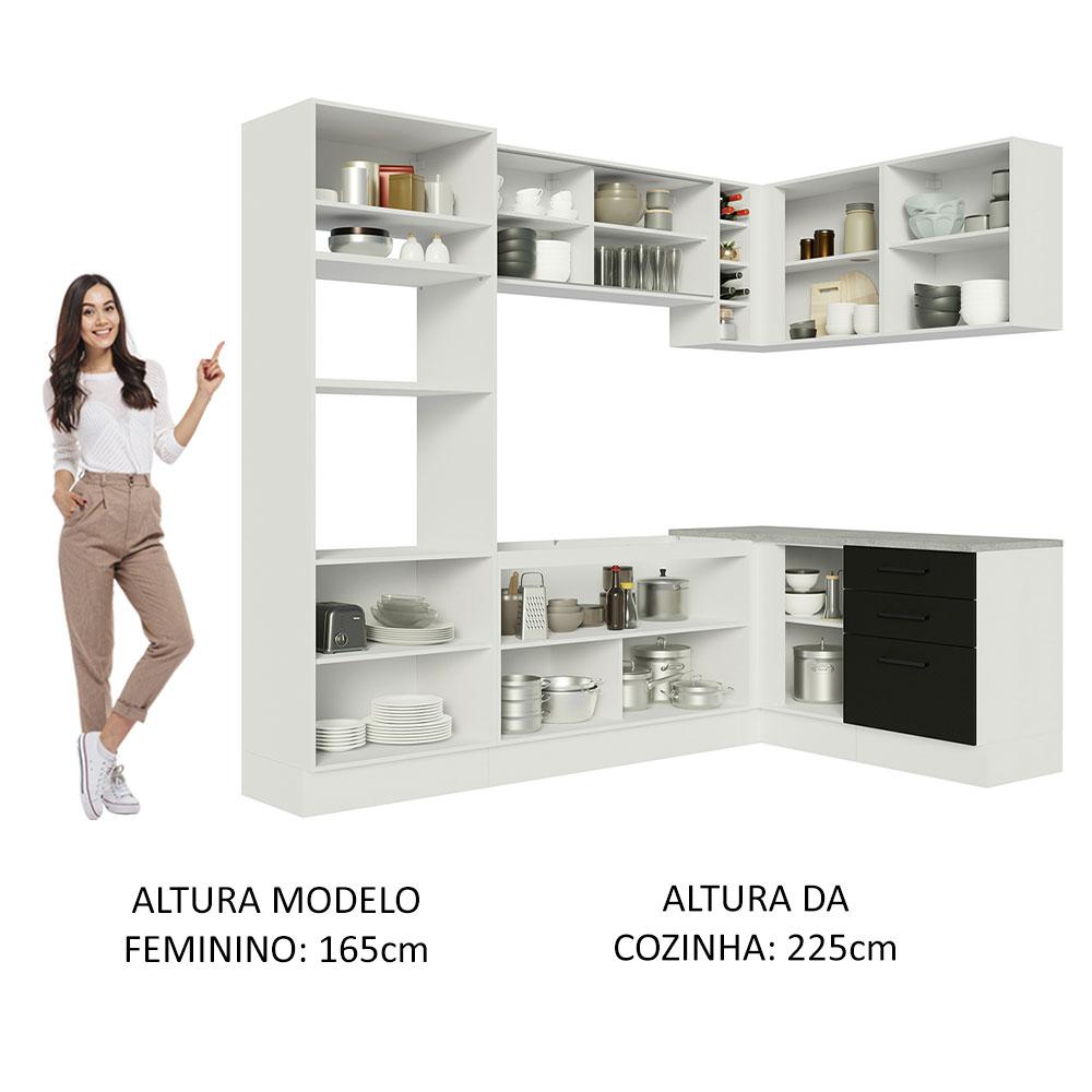 Cozinha Completa de Canto Madesa Agata 399001 com Armário e Balcão (Sem Tampo e Pia) - Branco/Preto