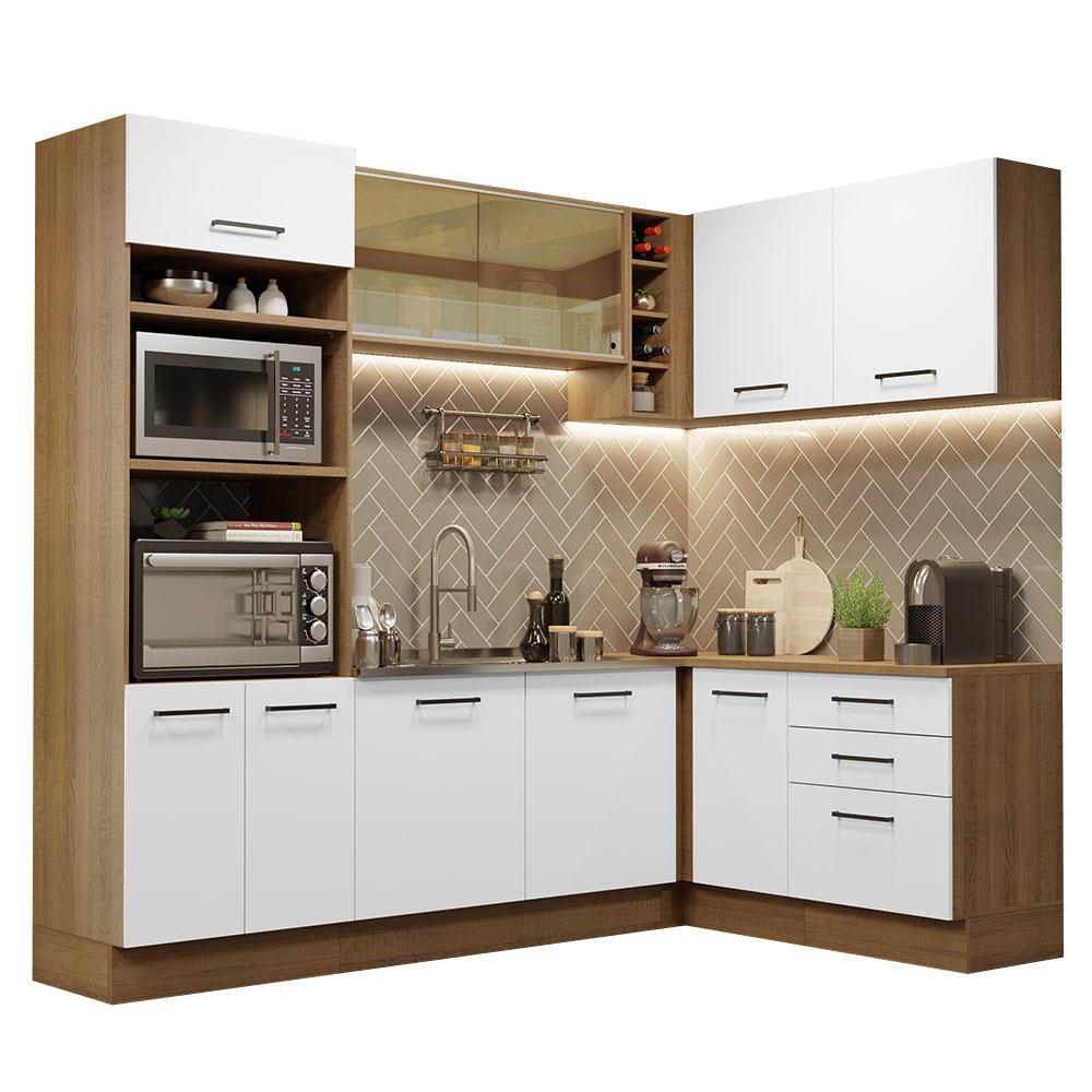 Cozinha Completa de Canto Madesa Agata 399001 com Armário e Balcão (Sem Tampo e Pia) - Rustic/Branco