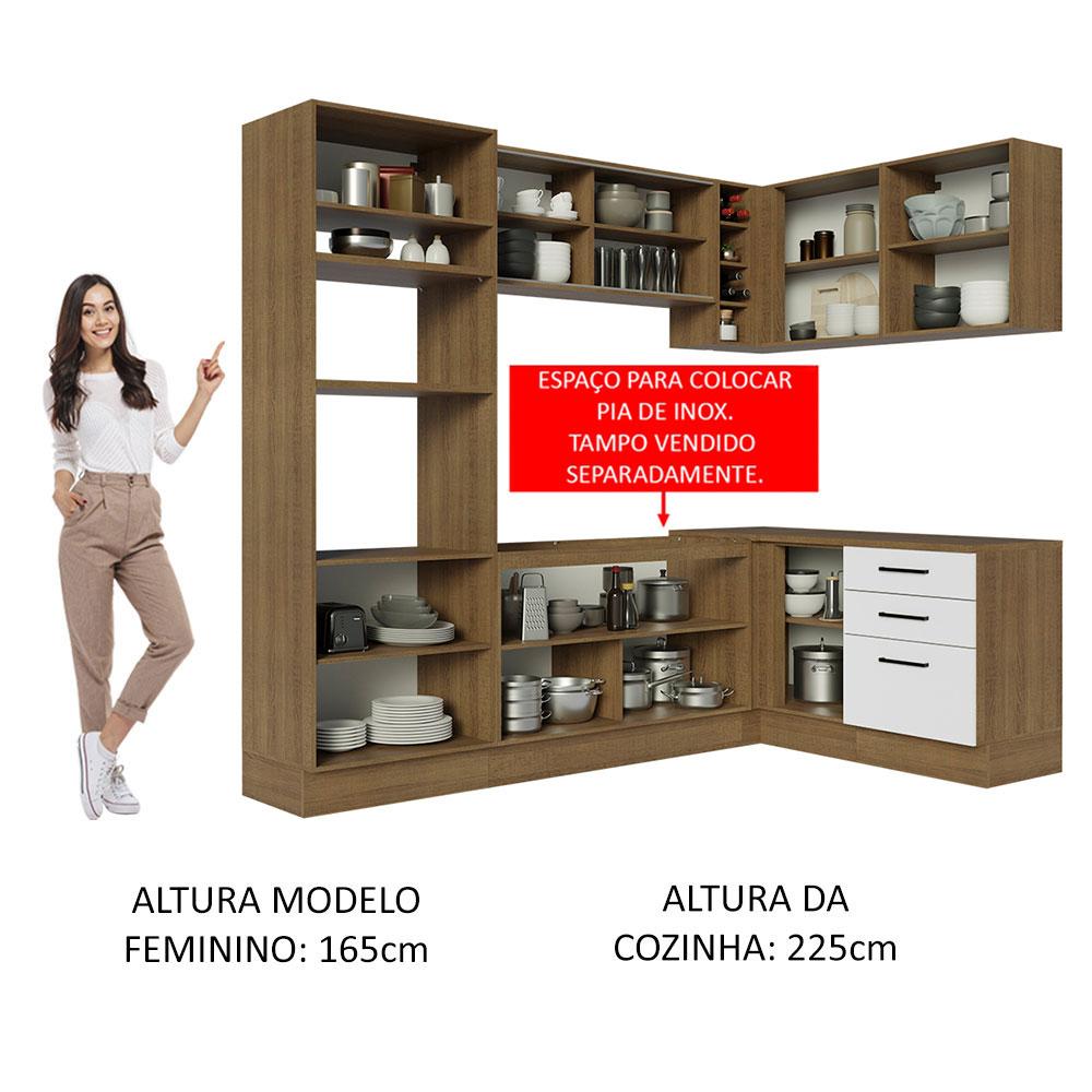 Cozinha Completa de Canto Madesa Agata 399001 com Armário e Balcão (Sem Tampo e Pia) - Rustic/Branco