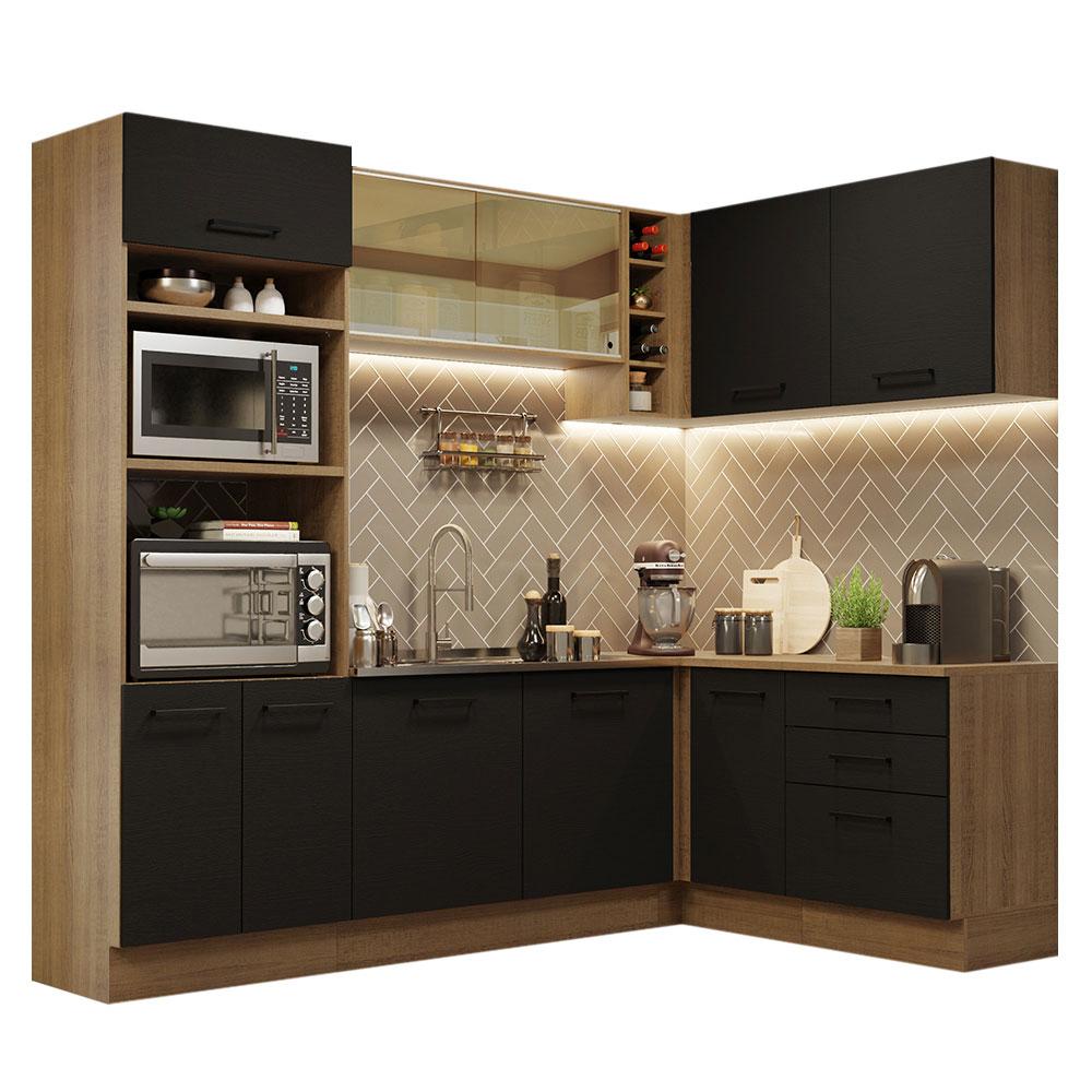 Cozinha Completa de Canto Madesa Agata 399001 com Armário e Balcão (Sem Tampo e Pia) - Rustic/Preto
