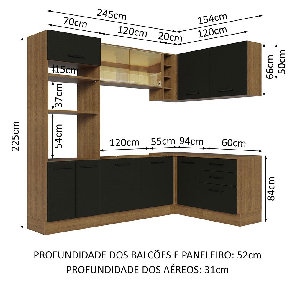 Cozinha Completa de Canto Madesa Agata 399001 com Armário e Balcão (Sem Tampo e Pia) - Rustic/Preto