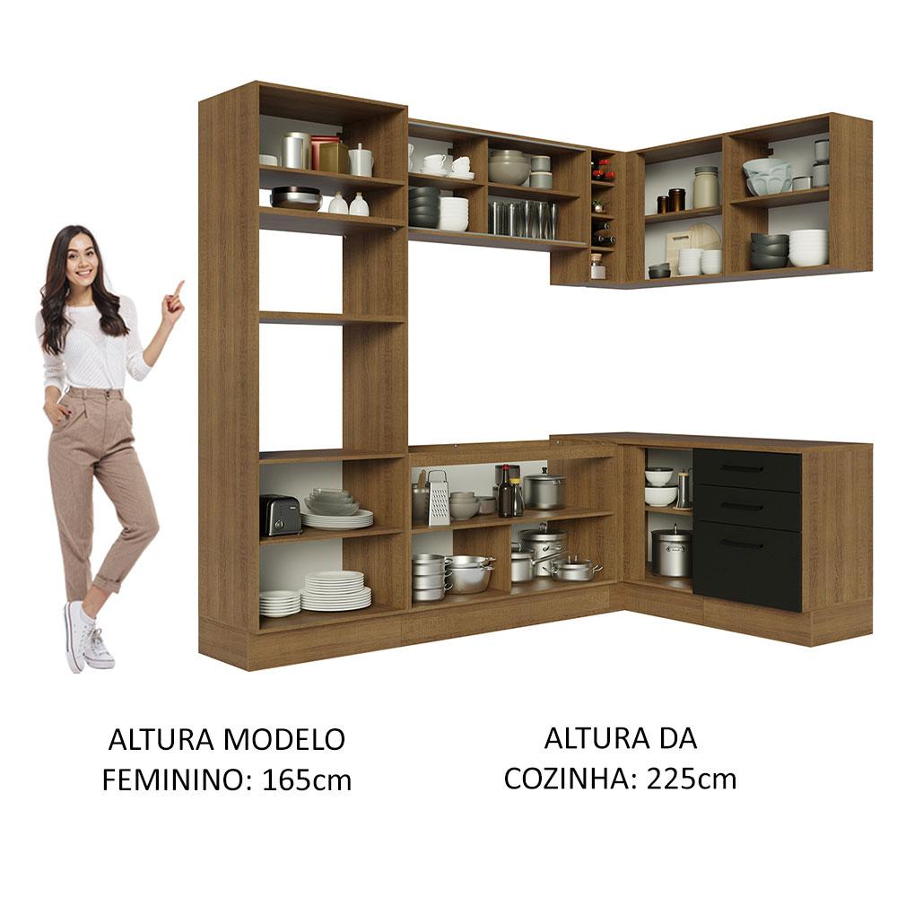 Cozinha Completa de Canto Madesa Agata 399001 com Armário e Balcão (Sem Tampo e Pia) - Rustic/Preto