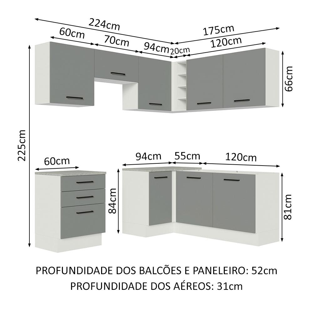 Cozinha Completa de Canto Madesa Agata 399002 com Armário e Balcão (Sem Tampo e Pia) - Branco/Cinza
