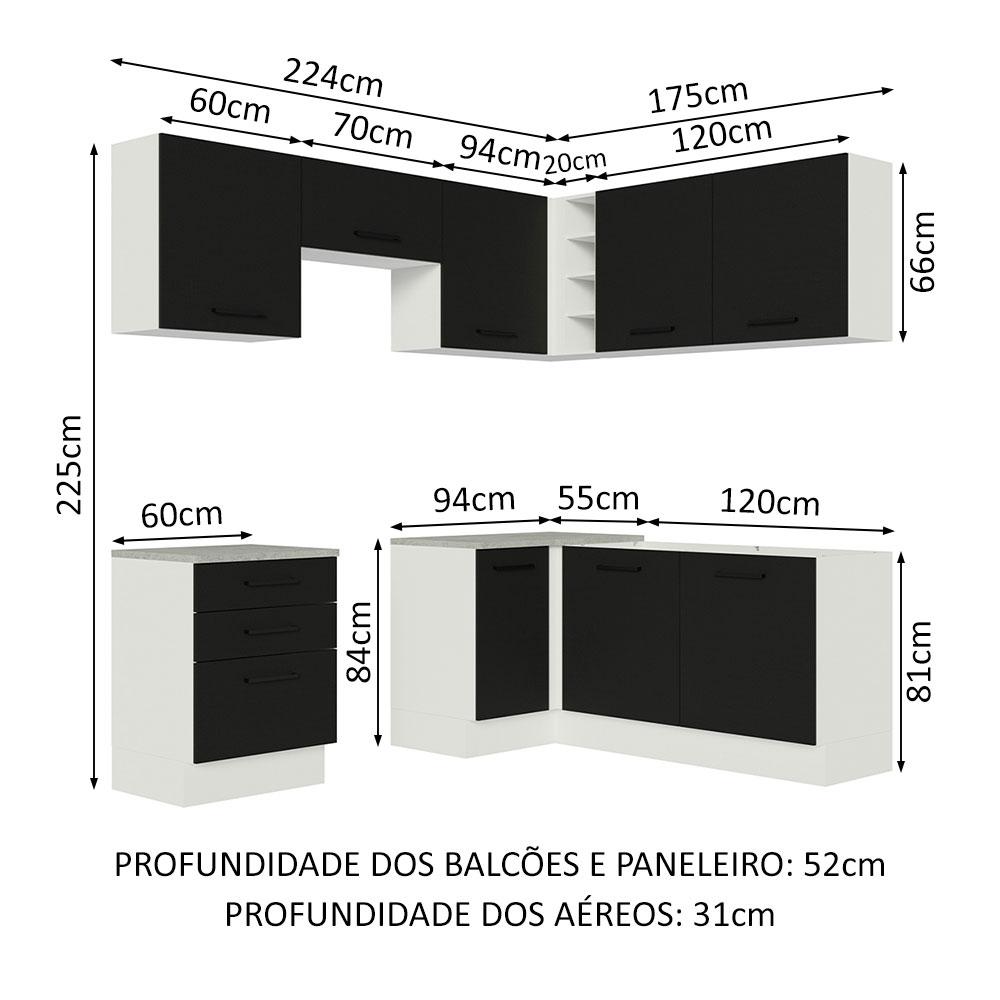 Cozinha Completa de Canto Madesa Agata 399002 com Armário e Balcão (Sem Tampo e Pia) - Branco/Preto