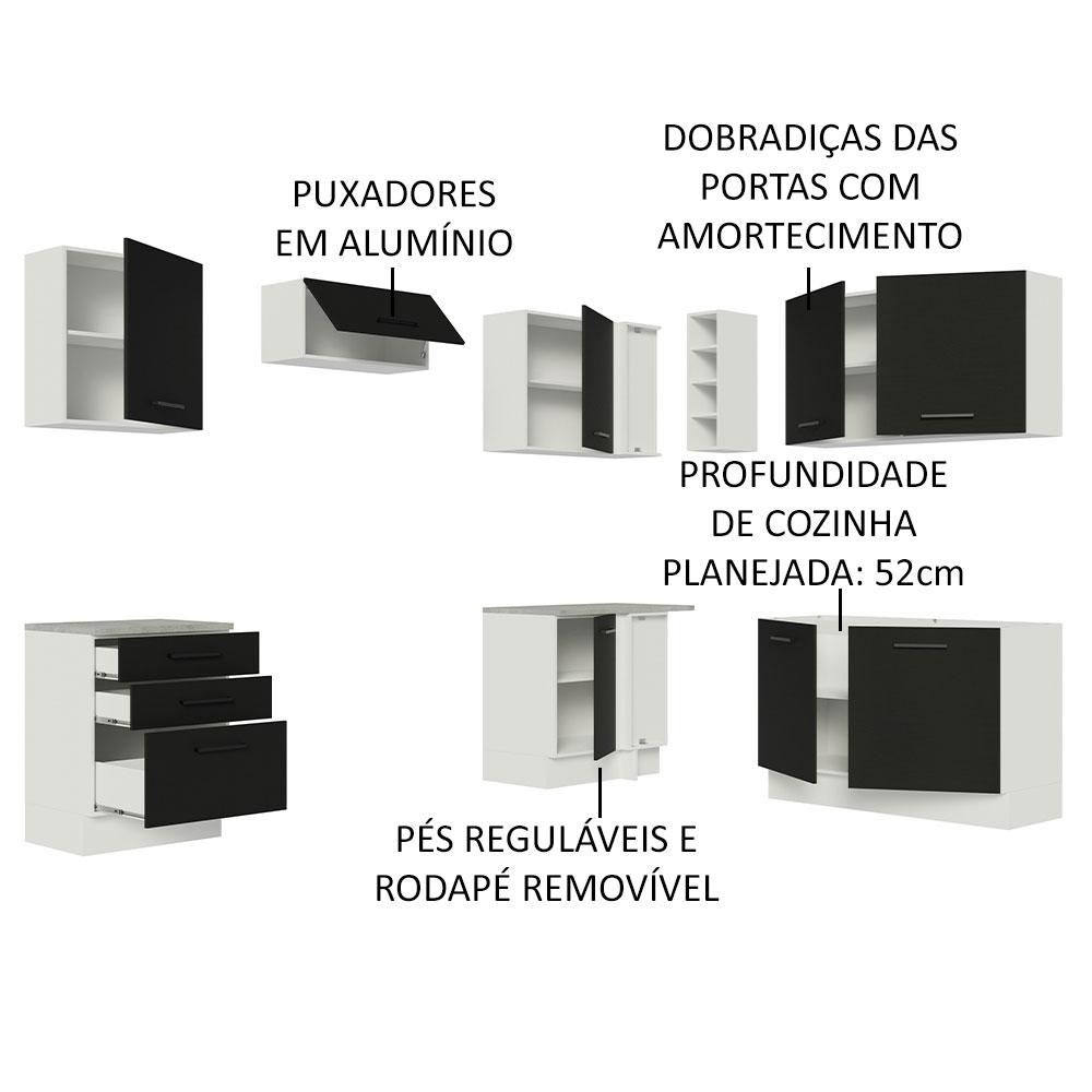 Cozinha Completa de Canto Madesa Agata 399002 com Armário e Balcão (Sem Tampo e Pia) - Branco/Preto