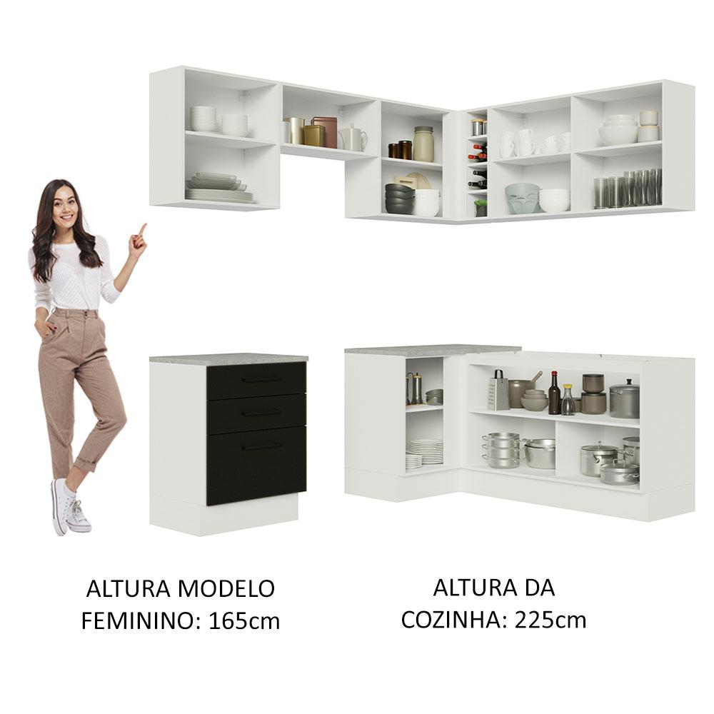 Cozinha Completa de Canto Madesa Agata 399002 com Armário e Balcão (Sem Tampo e Pia) - Branco/Preto