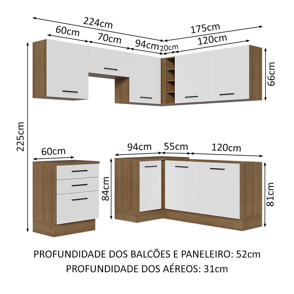 Cozinha Completa de Canto Madesa Agata 399002 com Armário e Balcão (Sem Tampo e Pia) - Rustic/Branco