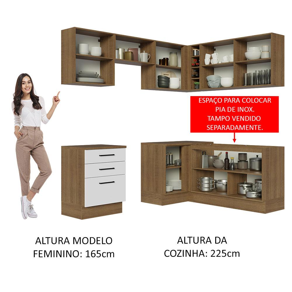 Cozinha Completa de Canto Madesa Agata 399002 com Armário e Balcão (Sem Tampo e Pia) - Rustic/Branco