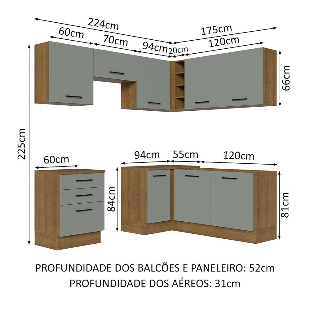 Cozinha Completa de Canto Madesa Agata 399002 com Armário e Balcão (Sem Tampo e Pia) - Rustic/Cinza