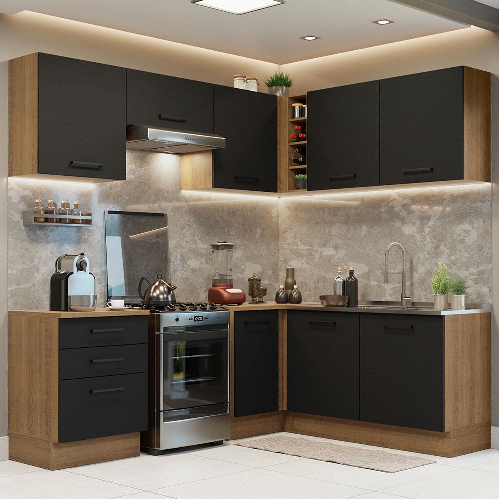 Cozinha Completa de Canto Madesa Agata 399002 com Armário e Balcão (Sem Tampo e Pia) - Rustic/Preto