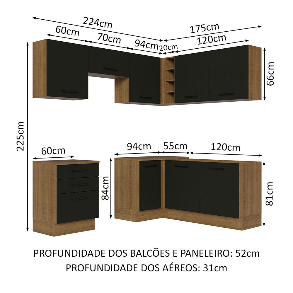 Cozinha Completa de Canto Madesa Agata 399002 com Armário e Balcão (Sem Tampo e Pia) - Rustic/Preto