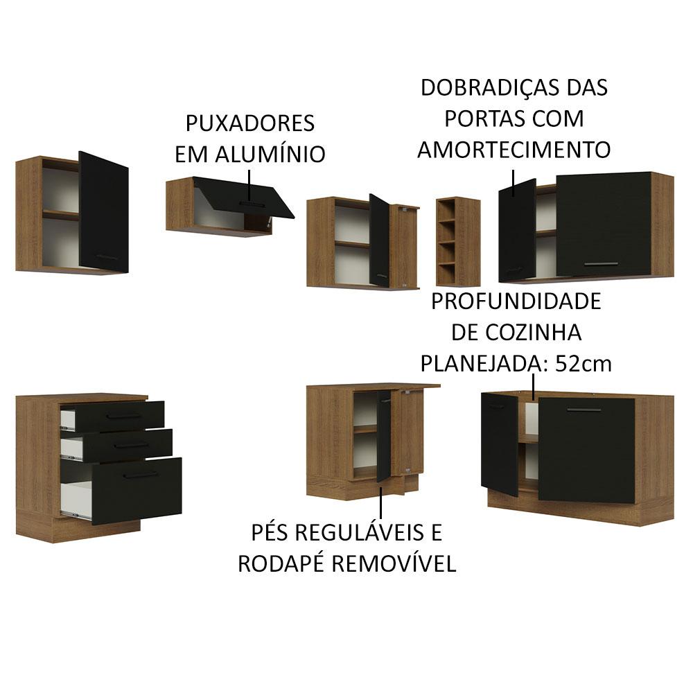 Cozinha Completa de Canto Madesa Agata 399002 com Armário e Balcão (Sem Tampo e Pia) - Rustic/Preto