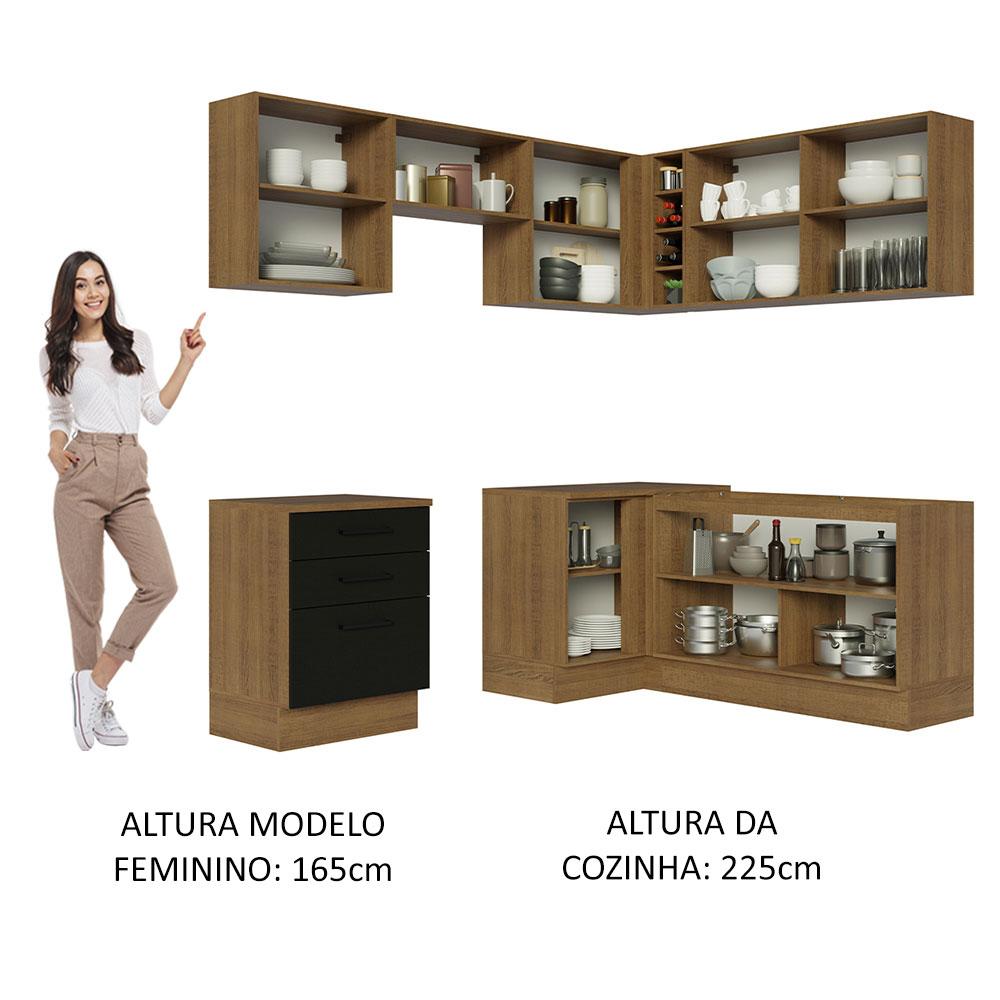 Cozinha Completa de Canto Madesa Agata 399002 com Armário e Balcão (Sem Tampo e Pia) - Rustic/Preto