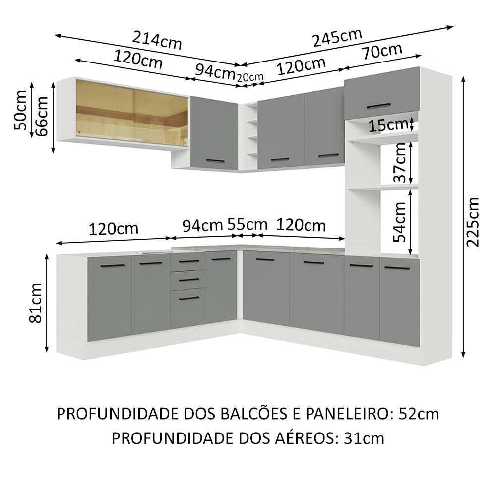 Cozinha Completa de Canto Madesa Agata 459001 com Armário e Balcão (Sem Tampo e Pia) - Branco/Cinza