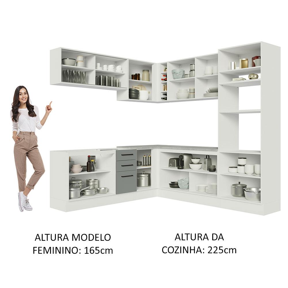 Cozinha Completa de Canto Madesa Agata 459001 com Armário e Balcão (Sem Tampo e Pia) - Branco/Cinza