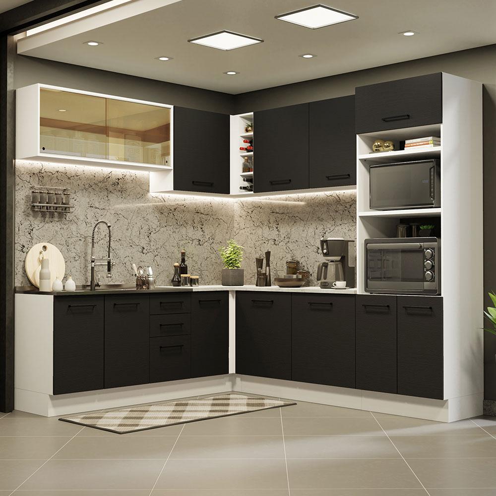 Cozinha Completa de Canto Madesa Agata 459001 com Armário e Balcão (Sem Tampo e Pia) - Branco/Preto